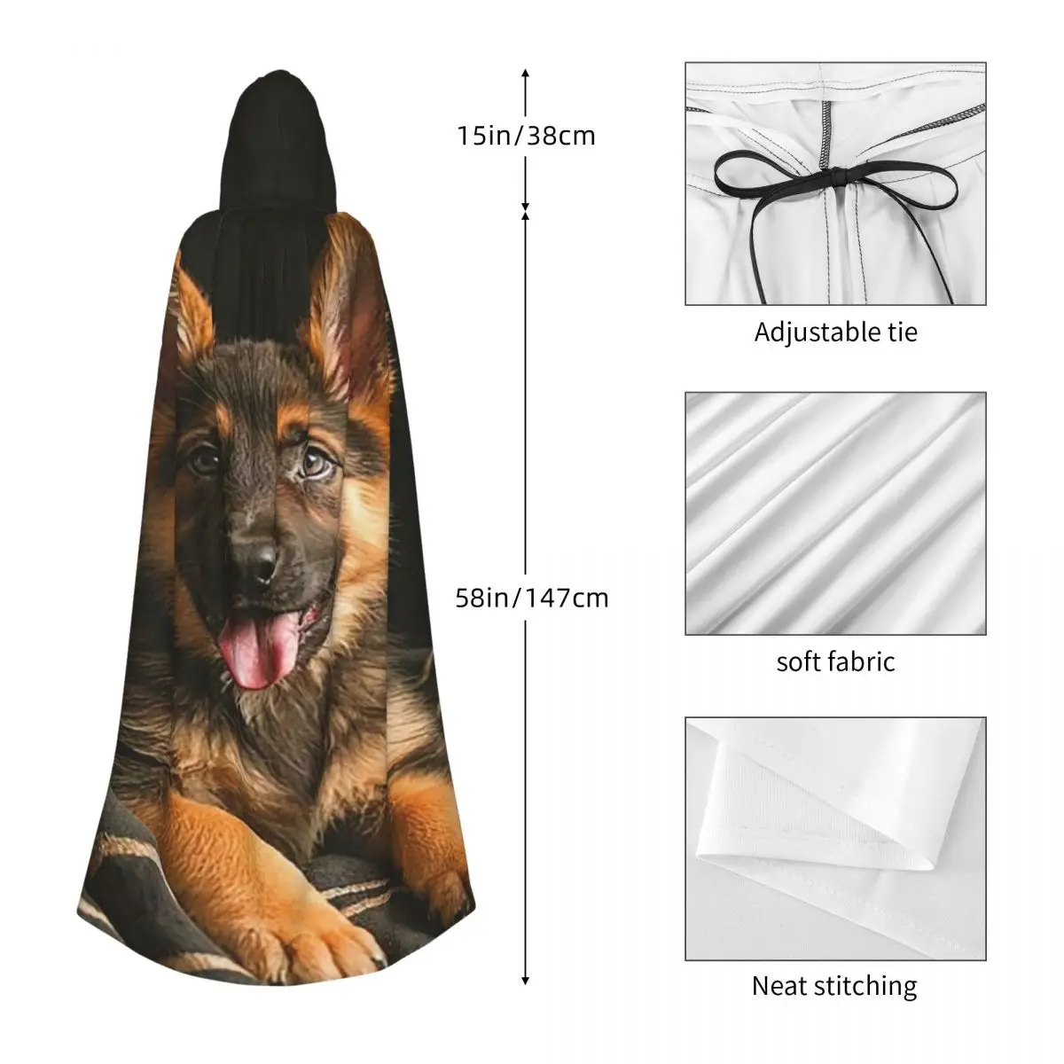 Adorabile pastore tedesco ritratto lungo mantello con cappuccio strega costume medievale mantello cosplay festa di Halloween adulto unisex