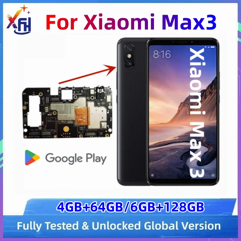 Motherboard for Xiaomi Mi Max 3, 64GB 128GB ROM, Original Mainboard Replacement, Global Version, Fully Tested