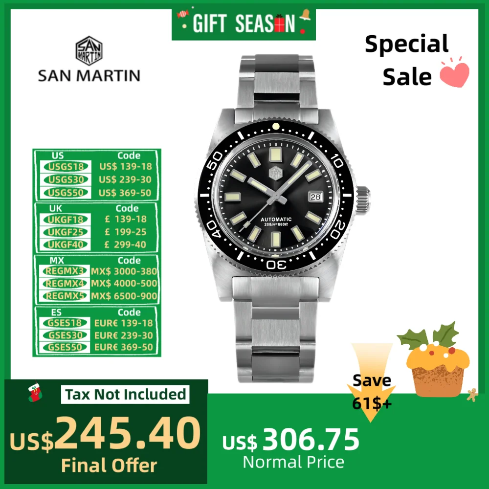 San Martin 37mm 62Mas Orologio subacqueo Orologio da polso meccanico automatico a carica automatica PT5000 SW200 Sport 20Bar Zaffiro di lusso