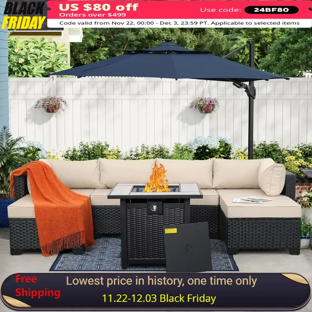 

7 Pieces Outdoor Patio Furniture Set, Black Wicker Sectional Couch, PE Rattan Conversation Sofa Set with Khaki Cushions