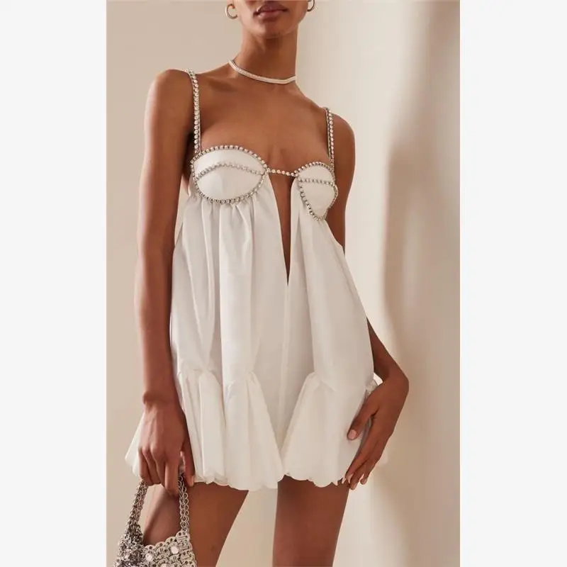 

Sexy Strap Pleated Drilled Dr Swing Skirt Polyester Summer Loose Waist One oulder ort A-Line Dr Color