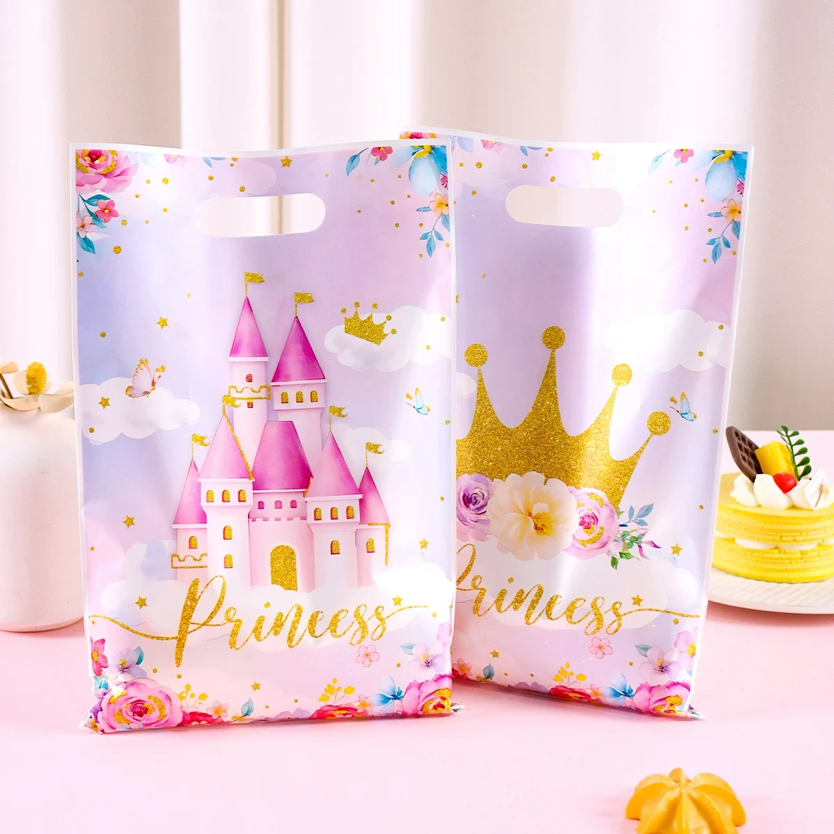 10/20/50 Stück Prinzessinnen-Themen-Geschenktüten Plastik-Schloss-Kronen-Tragetaschen Rosa Süßigkeitentüten Geburtstagsparty-Dekoration Hochzeitsdekoration – Detail 4