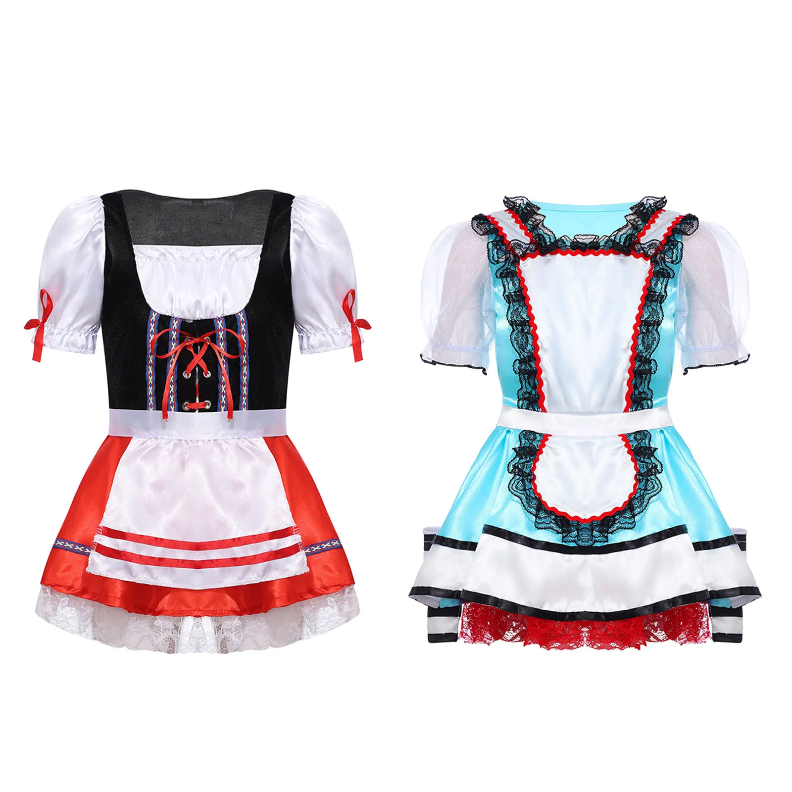 Girls Oktoberfest Beer Maid Costume Bavarian Dirndl Dress Puff Sleeve Lace Trim Dress Carnival Party Halloween Cosplay Costumes