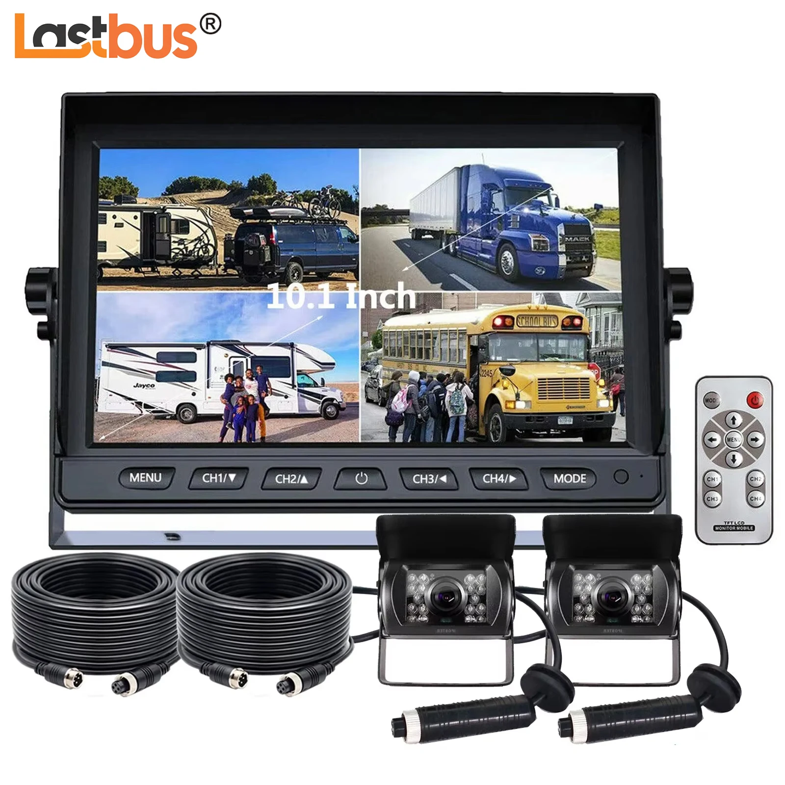 

Lastbus 10.1" Monitor Split Quad Screen 12-24v 4PIN Rear View Reverse Cameras 18 IR LEDs Kit For Truck Bus Trailer Caravan