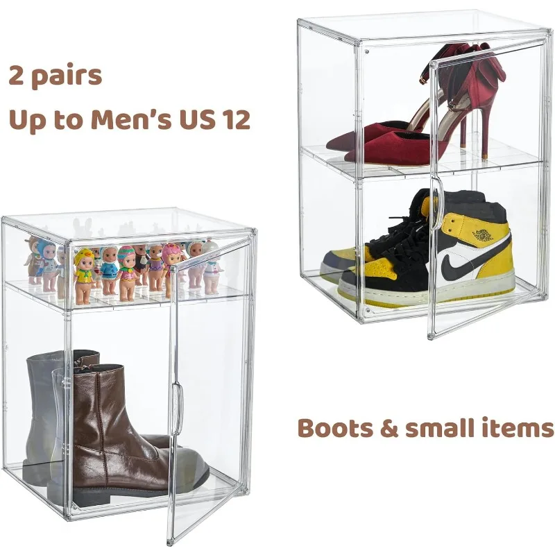 Box Organizers with an Adjustable Divider, set of 2, Shoe Boxes Clear Plastic Stackable with Lids, Big Display Storage Box