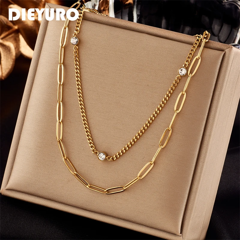 DIEYURO 316L Stainless Steel Multilayer 2in1 Zircon Necklace For Women New Trend Girls Link Chain Party Birthday Jewelry Gifts