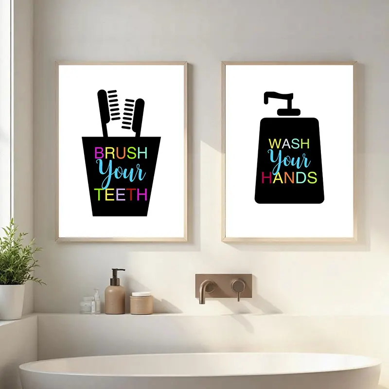 Black and White Bathroom Canvas Poster Prints Modern Colorful Typography Wall Art for Washroom Simple Home Decor Pictures