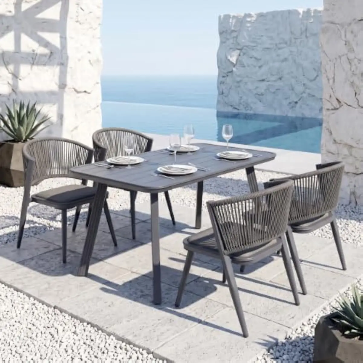 5-Piece Modern Aluminum Patio Dining Set Featuring 51.2-Inch Rectangular Table Plus Four Ergonomic PE Wicker Chairs With Integra