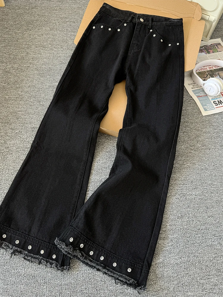 

American Hiphop Bla Rivet Splicing Flared Pants Trendy Brand Haome Streetwear Men's Loose Jeans Casual Straight Leg Jeans