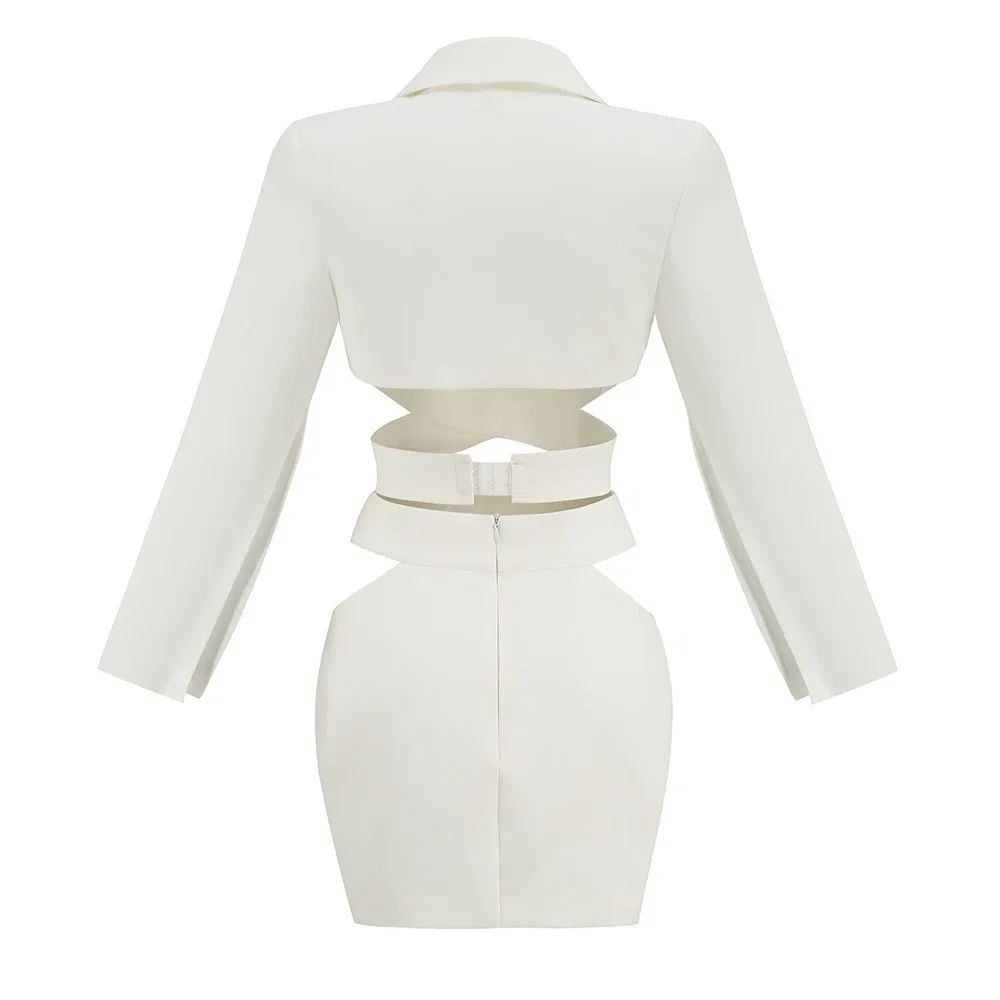 2024 Fashion Sexy Notched Collar Hollow Out Jacket Office Ladies Slim Chic Long Sleeve White Blazer Skirt Set Women Outfits