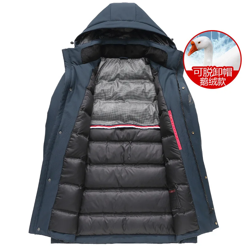 Mężczyzna płaszcz biały puch gęsi kurtka zimowa gruby Parkas Puffer topy średniej długości odzież wierzchnia zdejmowana nakrętka ciepły odkryty