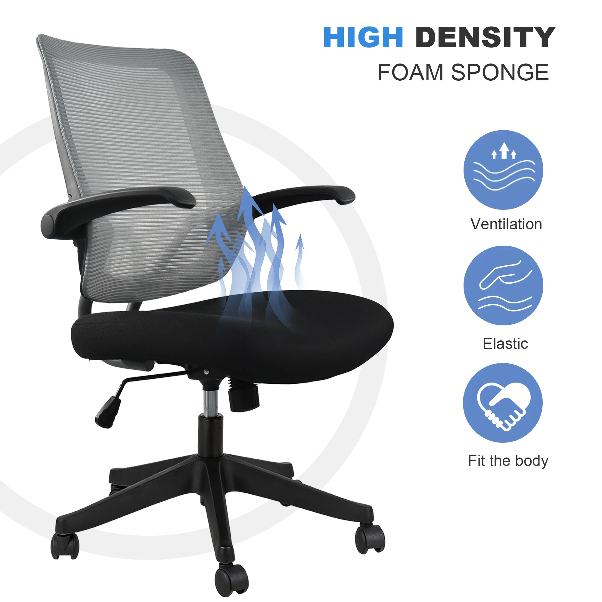 Mid-Mesh Task Chair com Flip Up Arms e Tilt Função, MAX 105 °,300LBS