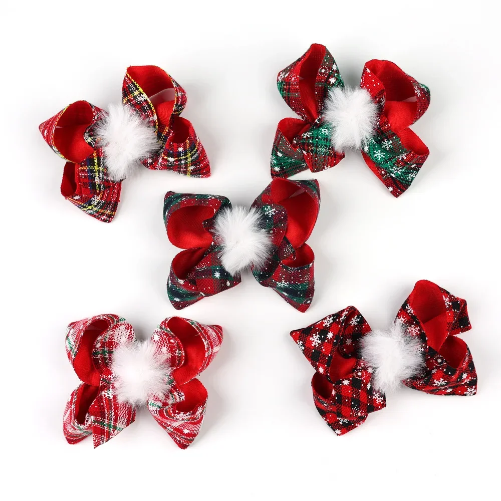 New Arrivals Glitter Hair for Christmas Bow Hair Barrette Clip Classic Christmas Plaid Pattern Handmade Sweet Plush Hair Clips