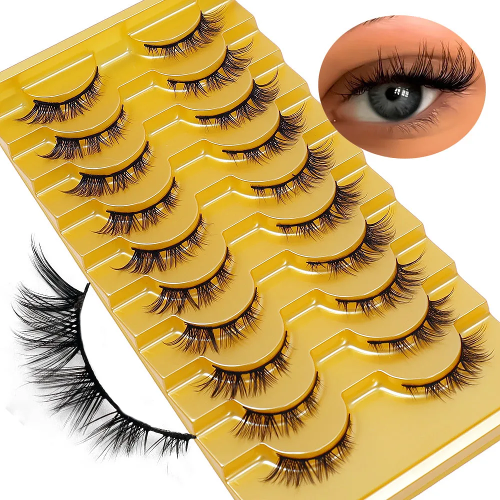 装着しやすいコットン糸ステムキャットアイつけまつげ10ペア、厚さ0.05mm、再利用可能、Dカール、長さ10～12mm