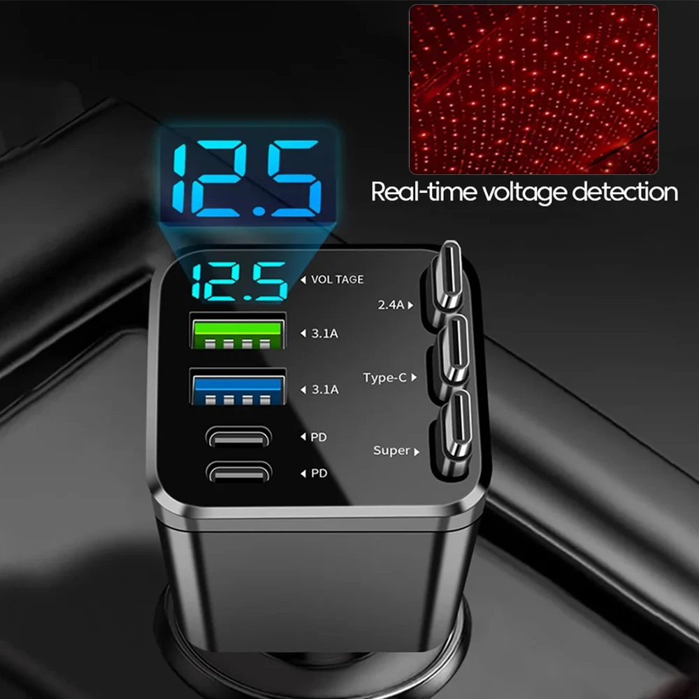 7-IN-1 180W Autoladegerät mit einziehbarem Typ-C-Kabel, schnelles Laden, Zigarettenanzünder-Adapter, Typ-C-USB-Ladegerät für Huawei, Samsung