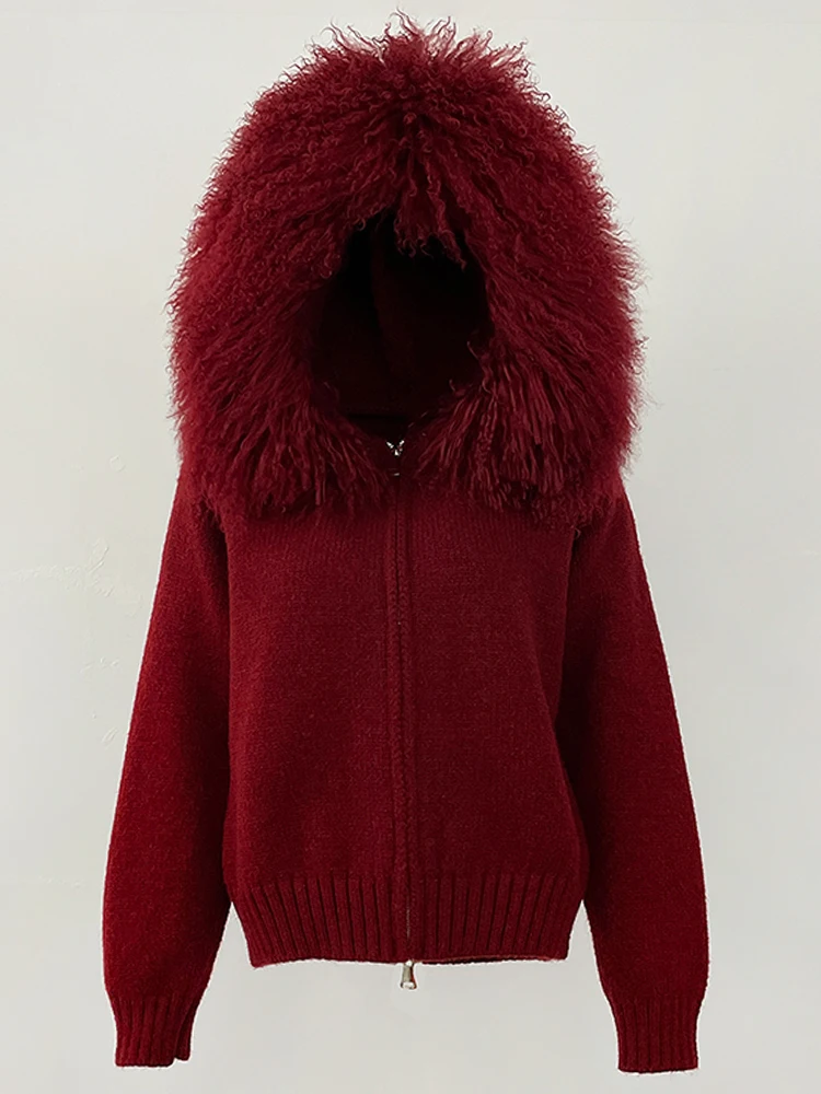 2025 New Winter Knitted Cardigan Women Hooded Mongolia Sheep Fur Sweater Female Fashion Traffic Knitting Clothing Lady