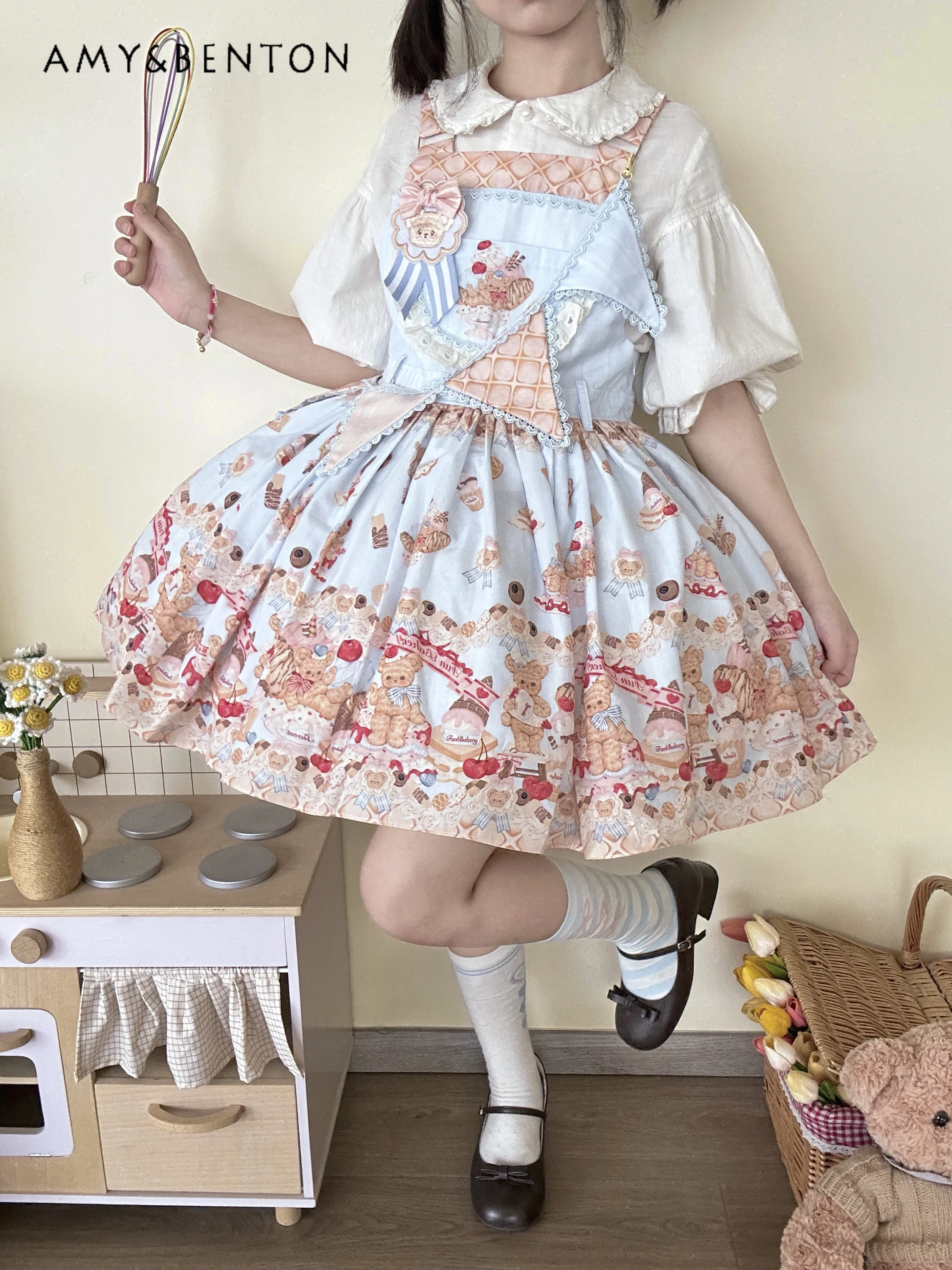 Cute Cartoon Print Lolita Dresses Summer New Sweet Lace Slim Patchwork Sleeveless Ball Gown Dress Retro Kawaii JSK Mini Dress