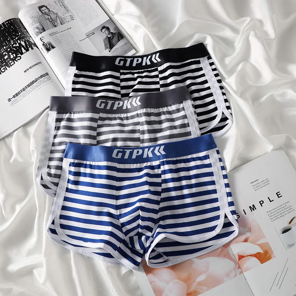 

3 шт./упак. мужские трусы в полоску в темно-синем стиле, хлопковые удобные быстросохнущие мужские трусы, 3D дышащая сетчатая сумка, мужские трусы