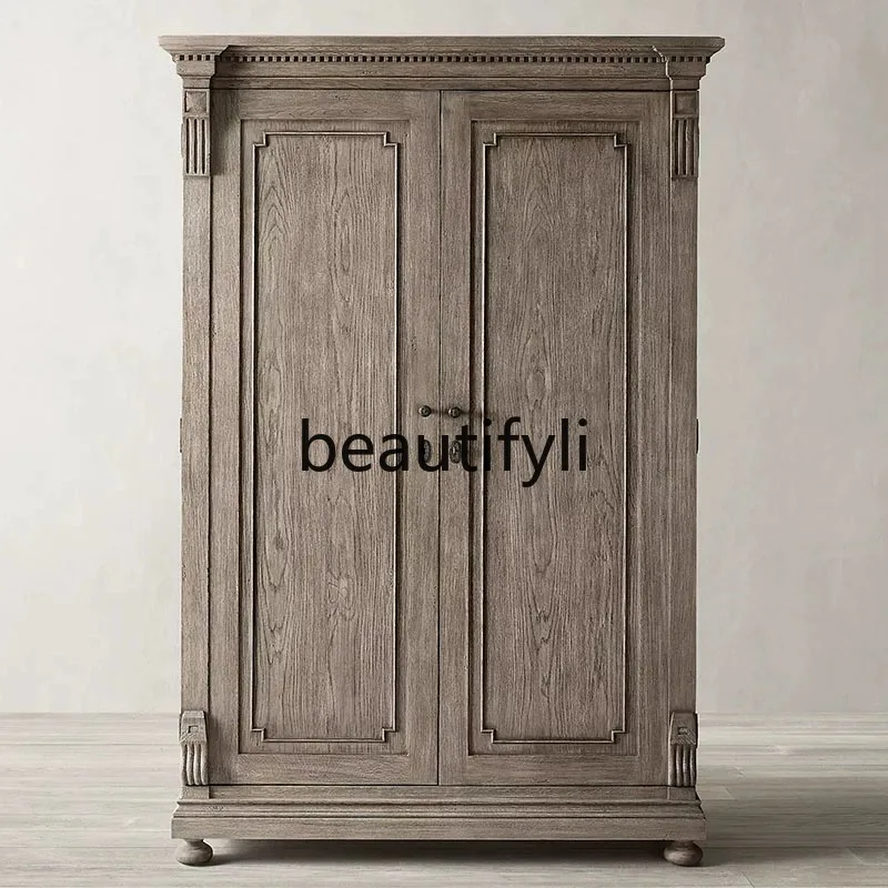 

American country retro villa solid wood double door wardrobe locker hanging storage wardrobe