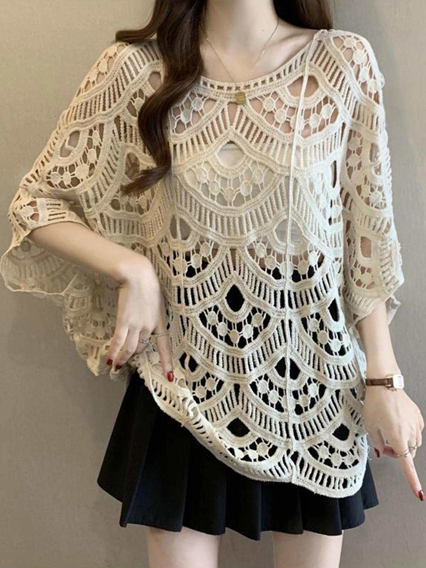 

Faionable Hollow out f Sve Knitted Sweater Women's plus Size Design Outerwear Thin Batwing Sve Cover up Top