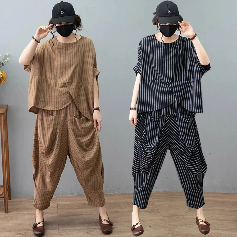 

2 PCS Women's t-shirt and Pants Sets Comfortalbe Loose T-shirt Summer Female Clothing