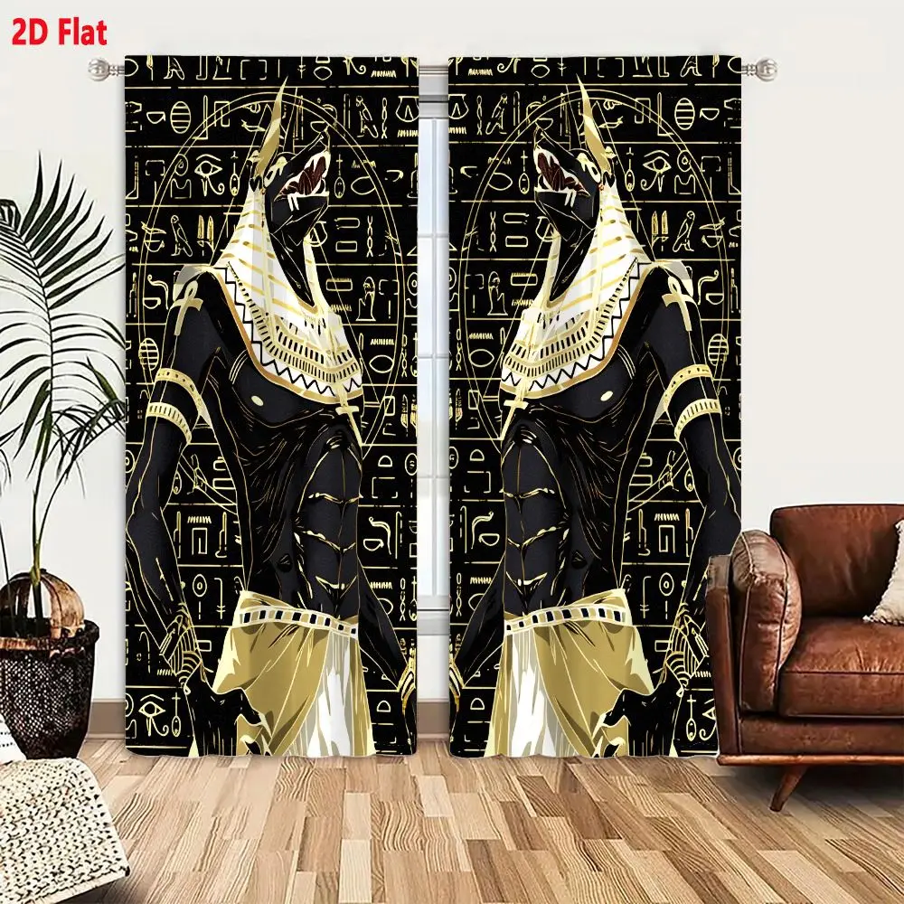 2Pcs Curtains 2D Flat Symmetrical Ancient Egyptian Deities With Golden Headdresses And Hieroglyph Background Window Drapes for B