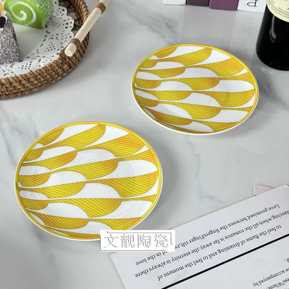 European Ceramic Display Plate Yellow Fashion Style Light Luxury Atmosphere Steak Dinner Plate Bone China Soup Bowl Gift Set