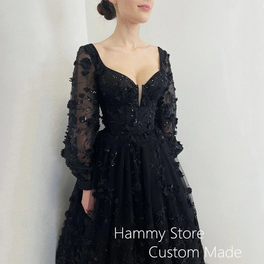 Luxury Black Flower Lace Wedding Dress Puff Sleeves V Neck Back Lace-up Corset Bridal Gown Gothic Bride Dresses Custom Size