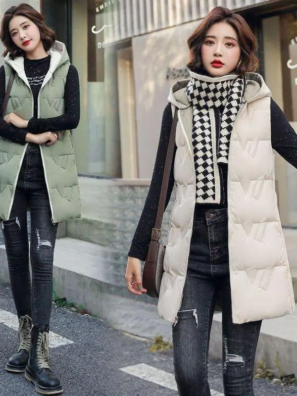 เสื้อกั๊กผ้าฝ้ายมีฮู้ดสำหรับผู้หญิง ความยาวปานกลาง 2-in-1 ให้ความอบอุ่น ฤดูใบไม้ร่วง ฤดูหนาว ดีไซน์เกาหลี ทรงเข้ารูป แฟชั่นใหม่