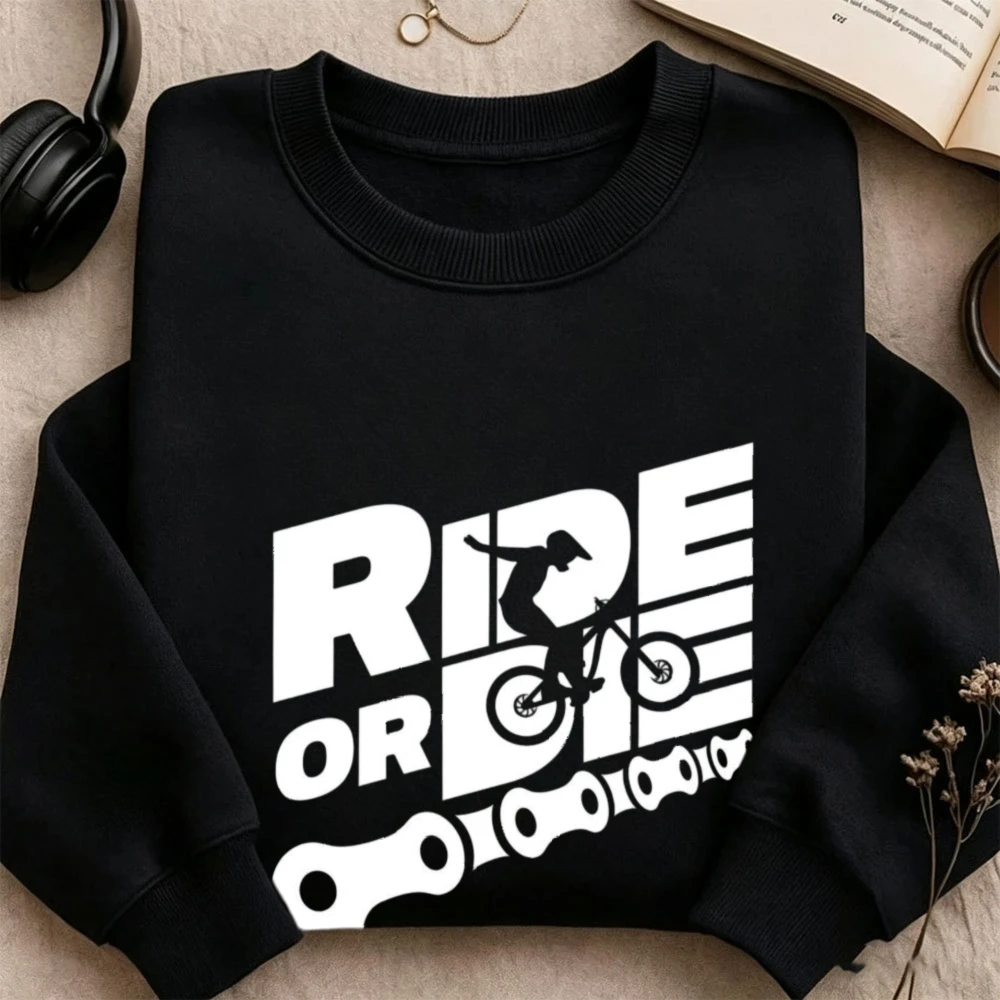 Ride or Die MTB Rider Silhouette Dripping Bicycle Chain Graphic Pullover Casual Long Sleeve Extreme Cycling Sports Sweatshirts