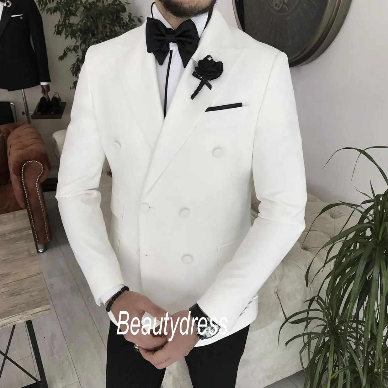 Tuksedo Pernikahan Biru Navy Pakaian Pengantin Pria Setelan Slim Fit Prom BestMan Pengiring Pria Blazer (Jaket + Celana + Pita)