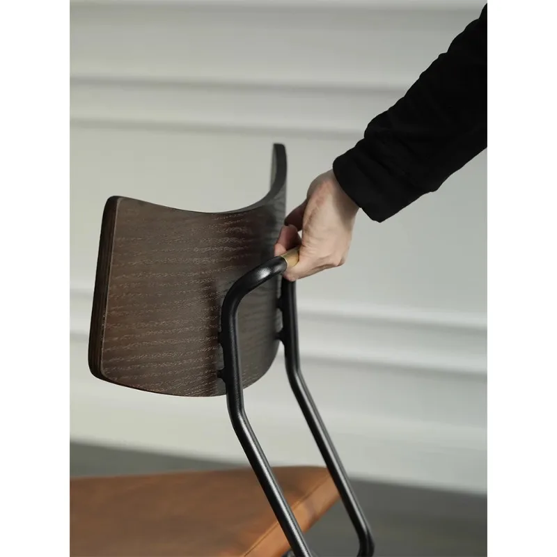 Nordic retro dining chair British imported expression solid wood industrial wind brass tenon wrought iron fabric leather chair |
