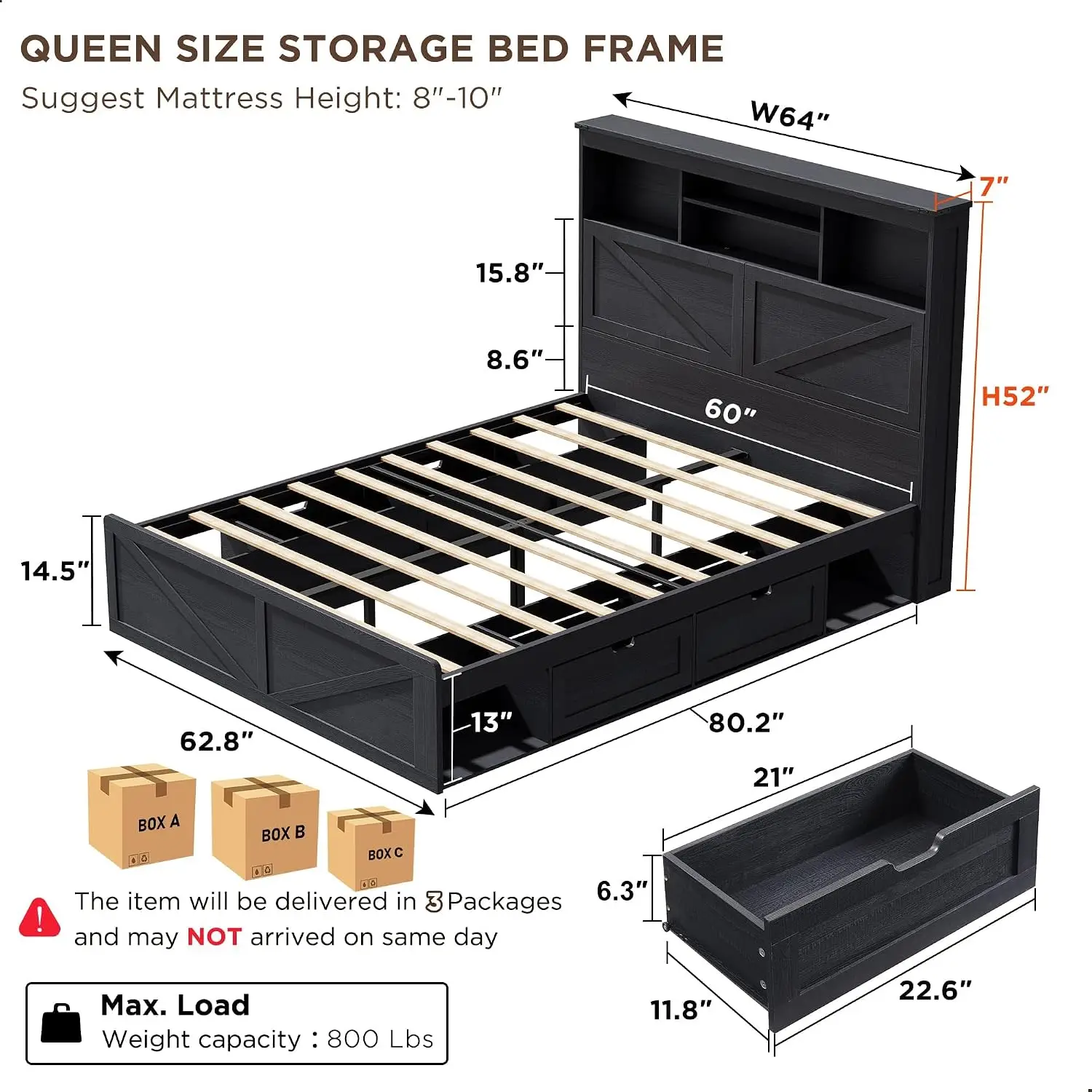 Queen Size Wood Bed Frame Farmhouse with 52" Tall Storage Bookcase Headboard, LED Light,Charging Station,4 Drawers and Solid