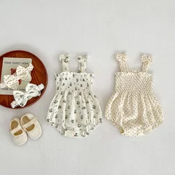 2PCS Summer Floral Newborn Baby Girl Clothing Bodysuit With Headband Infant Girl Bowknot Suspenders One Piece Overalls