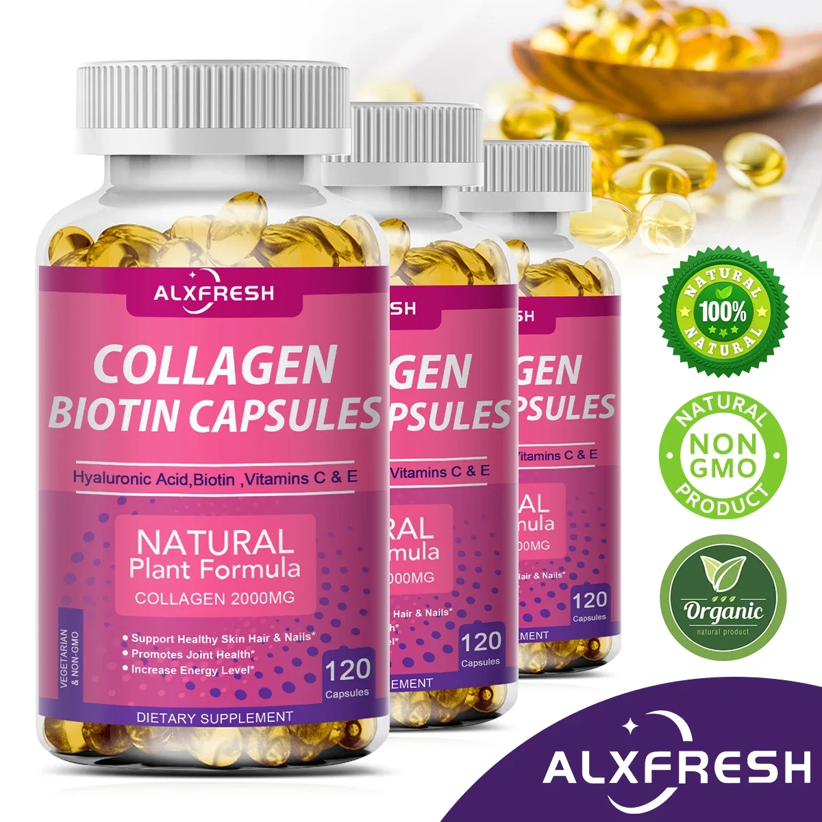 Alxfresh Collagen 2000mg with Biotin 2500mcg Protein 3g Hyaluronic Acid Vitamin C Healthy Dietary Supplement for Women & Man