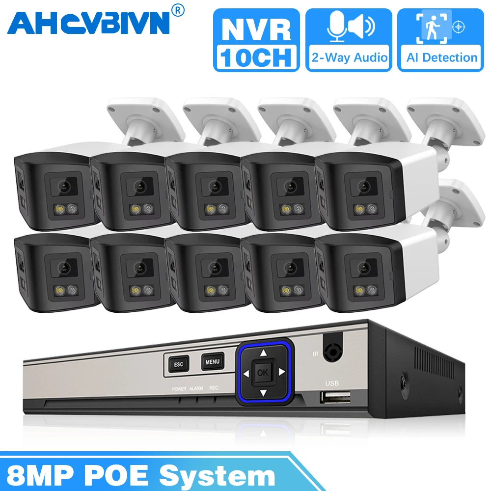 

10-канальная POE 4K NVR 8-мегапиксельная панорамная IP-камера с двумя объективами и двойной подсветкой POE Встроенный микрофон Динамик Цветная система ночного видения наблюдения POE