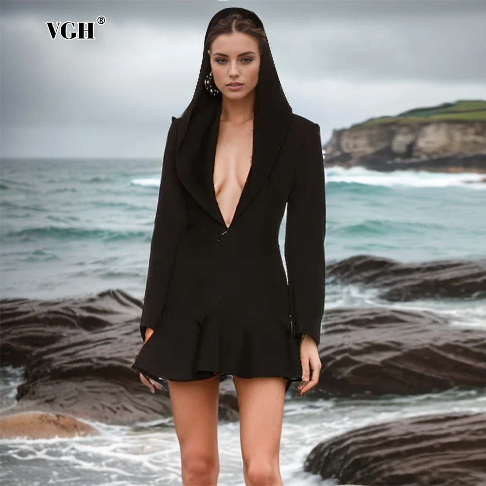 

VGH Solid Slimming Mini Dresses For Women Hooded V Neck Long Sleeve High Waist Patchwork Ruffles Temperament Dress Female New