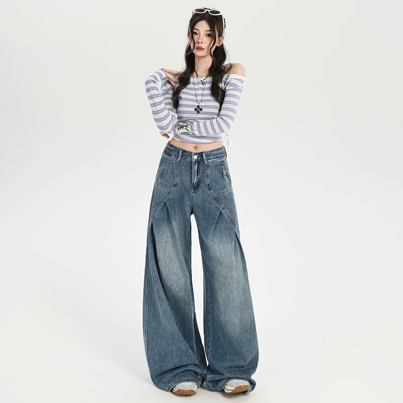 

American retro pleated jeans for women, high street straight wide-leg pants, loose deconstructed long trousers
