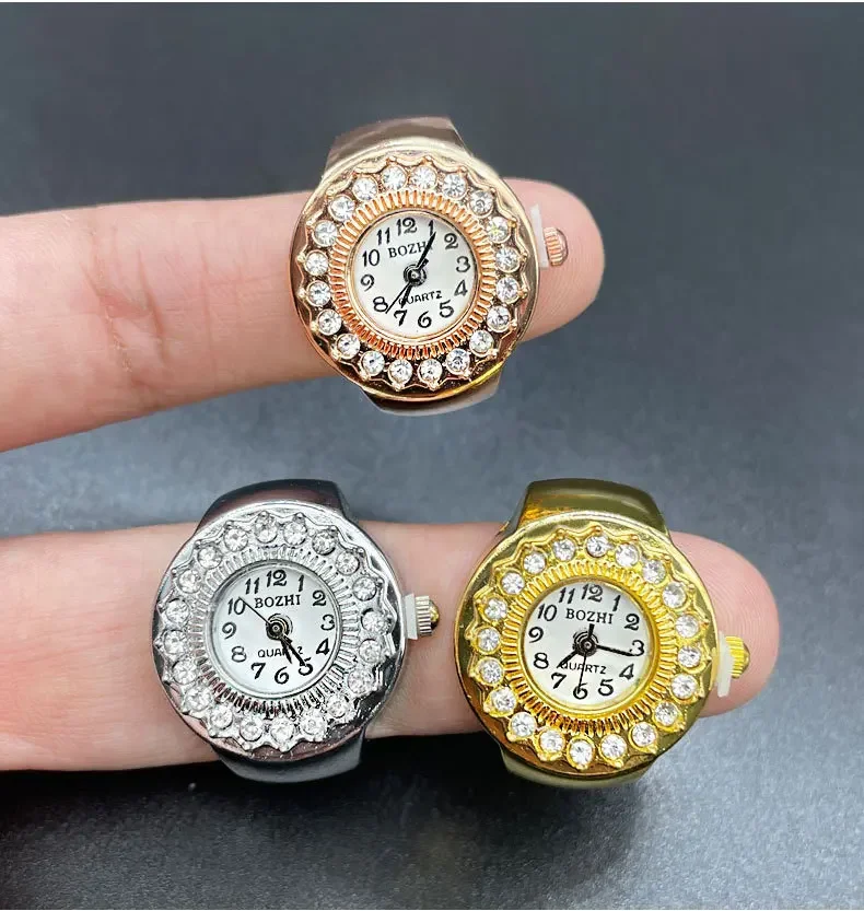 إصبع كوارتز ساعة صغيرة شريط مرن سبيكة الساعات الإناث زهرة خواتم مجوهرات ساعة المرأة الماس البطانة ارتفع الذهب ساعة حلقة