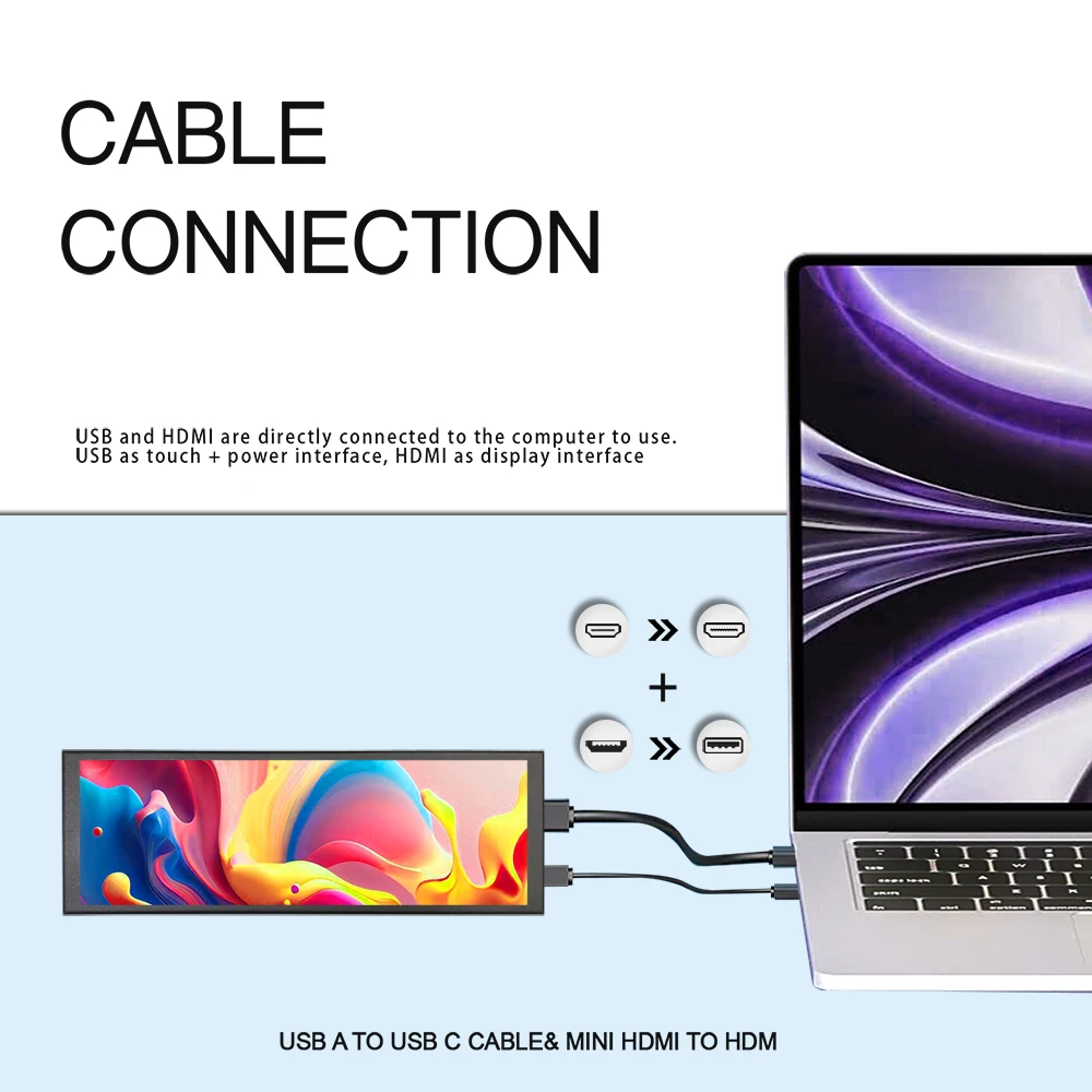 LESOWN Long LCD Portable Monitor 7.84in Stretched Bar Display 400x1280 Side Secondary Display Support for Windows 7/8/10 mac OS