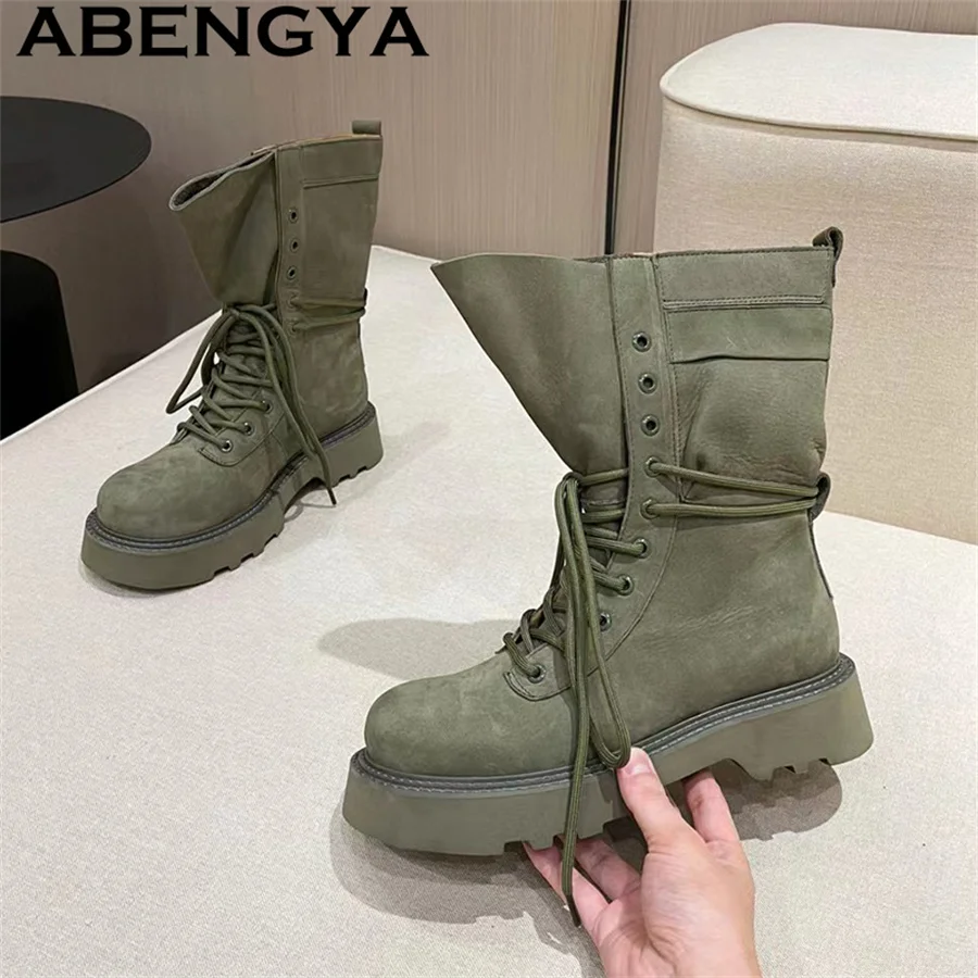 

Open High Top Lace Up Punk Boots Women Suede Leather Round Toe Thick Combat Boots Winter Work Clothes Fashion Week Boots Woman