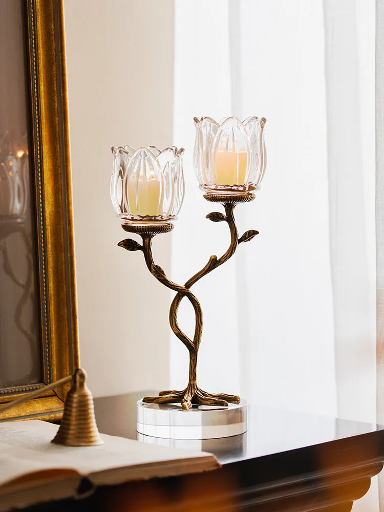

Brass Crystal Glass Candle Holder Entrance Dining Table Premium Atmosphere Ornament Scented Candles