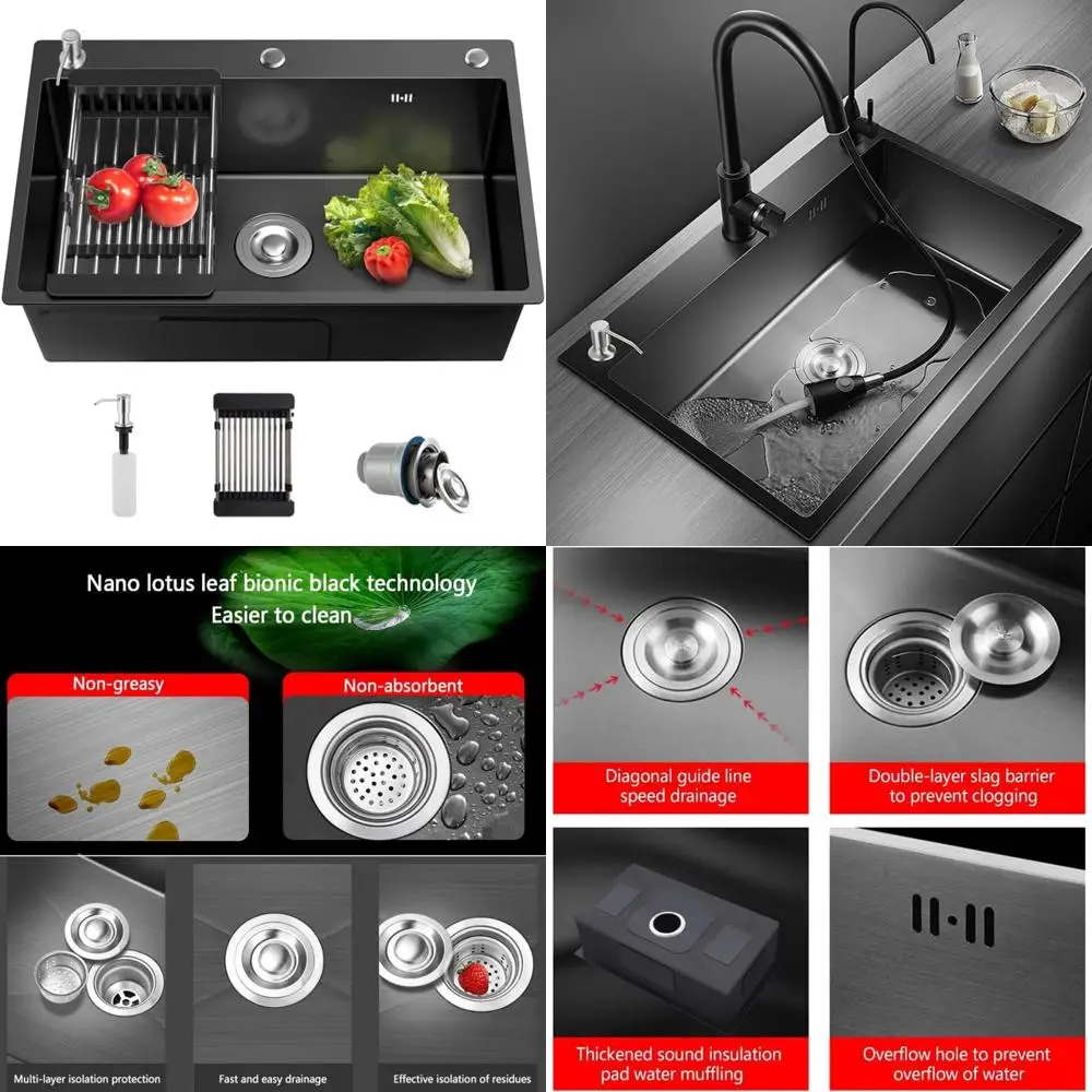 

ARTLINE 16 Gauge Black Kitchen Sink, 3 Hole Stainless Steel Kitchen Sink, Drop In/Topmount Single Bowl Workstation Sink, Farmhou