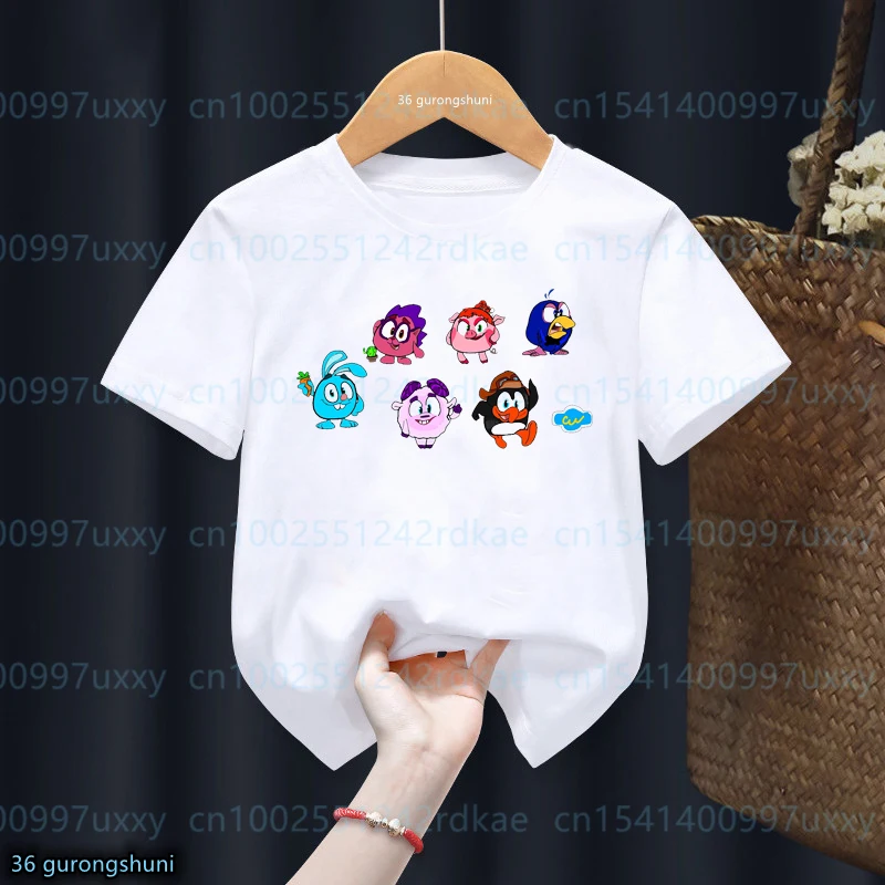 T-Shirt For Boys/Girls Funny Cartoon Smeshariki Graphic Print Children Tshirt Summer Casual Children'S Clothes White Shirt Tops