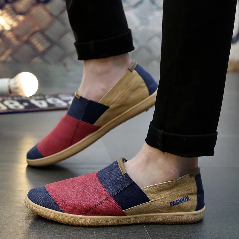 Men Splicing Colorblock Canvas Slip-on Casual Shoes Breathable Flat Fisherman Loafers Lightweight Lazy Walking Shoes Big Size