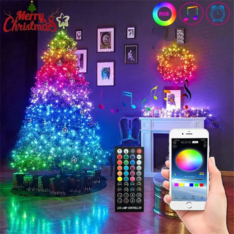 Christmas Tree Fairy String Lights, USB Remote, Outdoor, Smart BT App Control, Copper Wire, Guirlanda de luz para decoração de férias, 10m, 20m