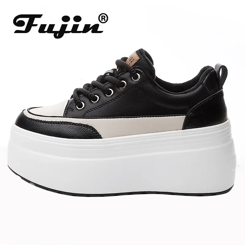 Fujin 8cm  Genuine Leather Women Spring Autumn Mixed Color Lace Up Stable High Platform Sneakers Fashion Ladies Vulcanize Shoes