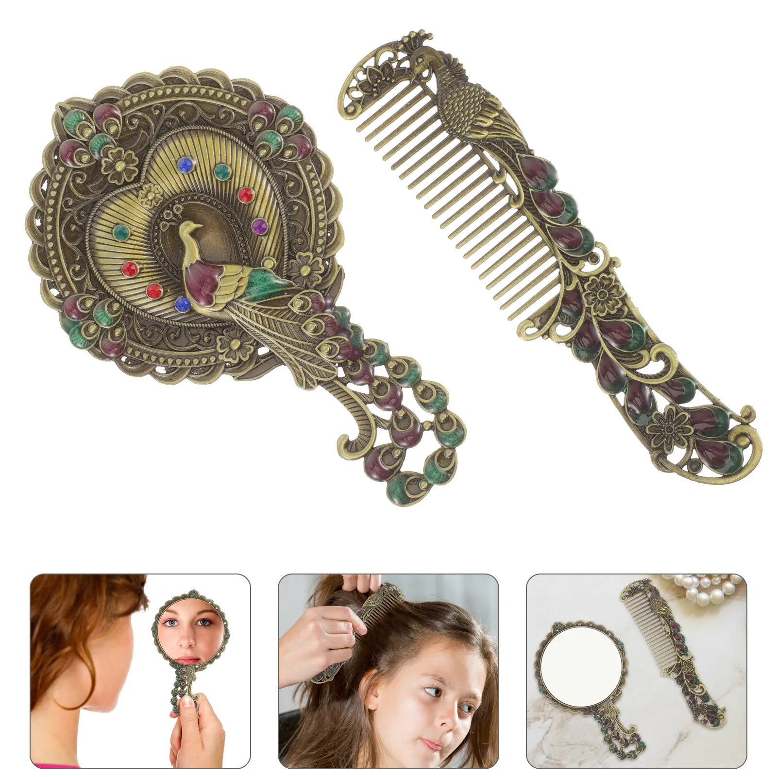 

1Set Vintage Metal Handheld Mirror with Comb Compact Lightweight Small Portable Makeup Mirror for Travel Home Outdoor Use