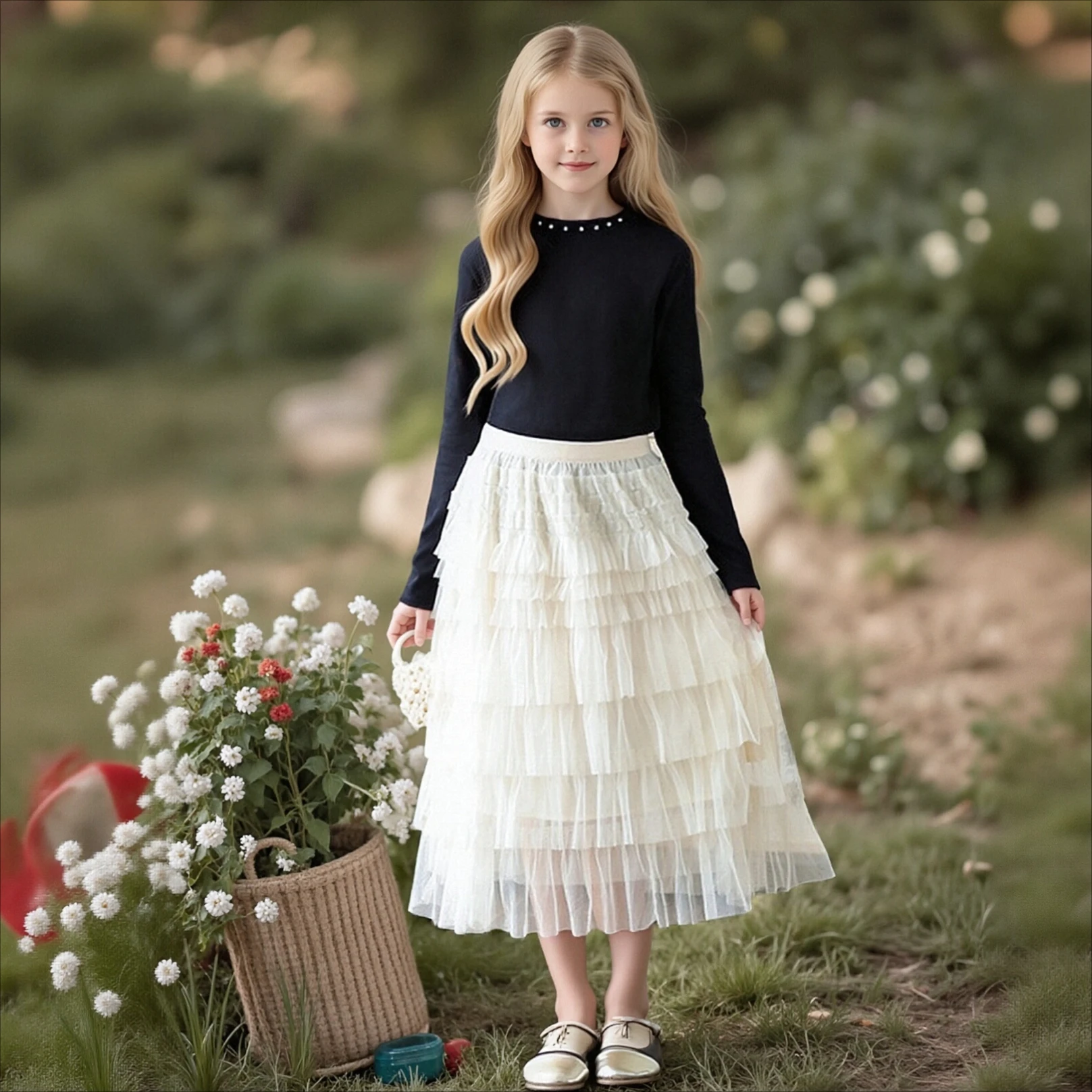 

Girls 2 Piece Outfit Black Long Sleeve Top Beige Layered Tulle Skirt Set Elegant Princess Ruffle Tiered Tutu Skirt Set for Kids