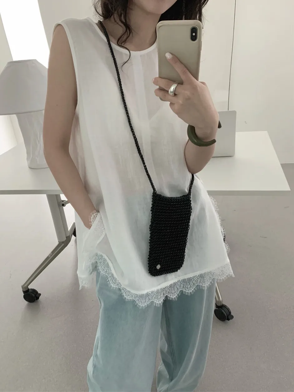 

Летний топ в корейском стиле с эффектом похудения, кружевной отделкой, без рукавов, с круглым вырезом, повседневный, удобный, дышащий